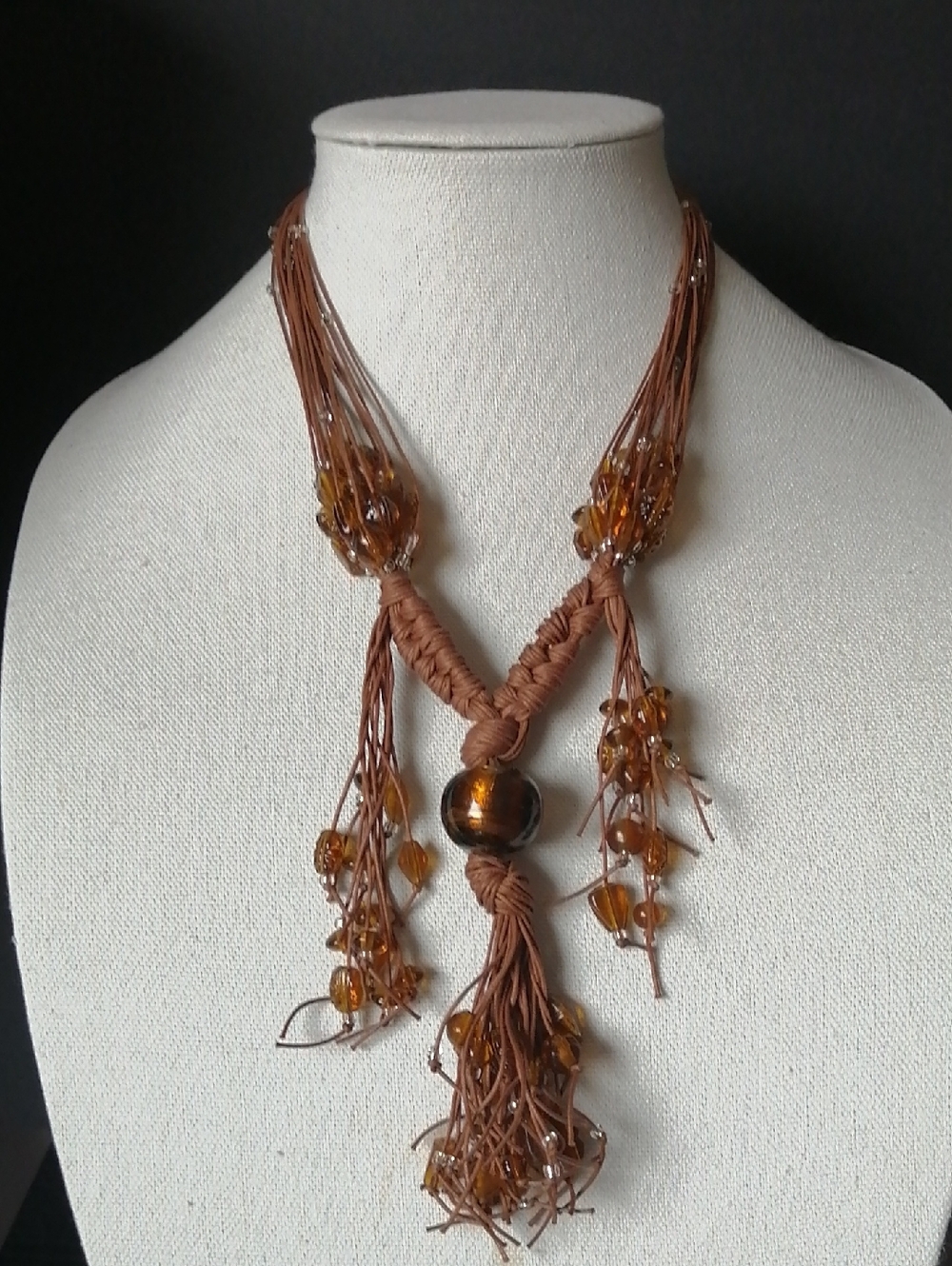 Artisan Handcrafted Bohemian Brown Faux Amber Bead Tassel Necklace